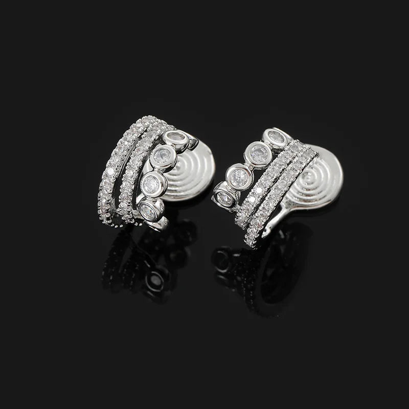 Elegant Silver Tone C Shape Zircon Huggie Hoop Stud & Clip On No Piercing Spiral Ear Cuff Earrings