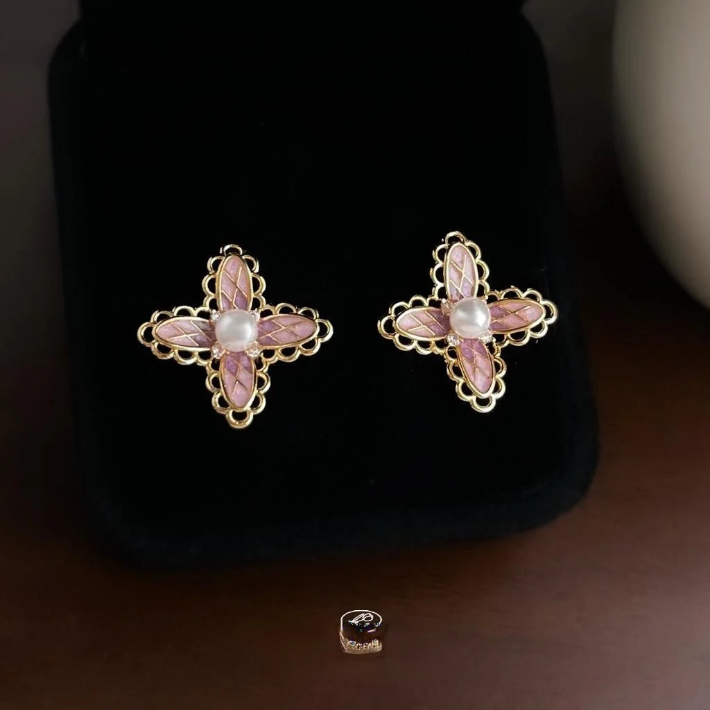 Lolita Pink Lace Flower Stud Earrings Copper Pearl Zircon Micro Pave Silver Plated Girly Jewelry