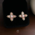 Lolita Pink Lace Flower Stud Earrings Copper Pearl Zircon Micro Pave Silver Plated Girly Jewelry