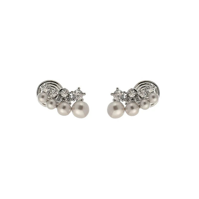 Elegant Luxury Smile Arc Pearl Zircon Alloy Stud & Clip On No Piercing Curved Cluster Earrings