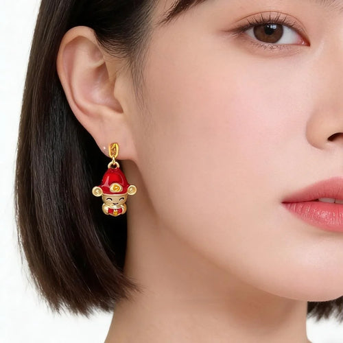 Chinese New Year Enamel Painted Eco Copper Wealth God Drop Earrings Festive Cartoon Jewelry
