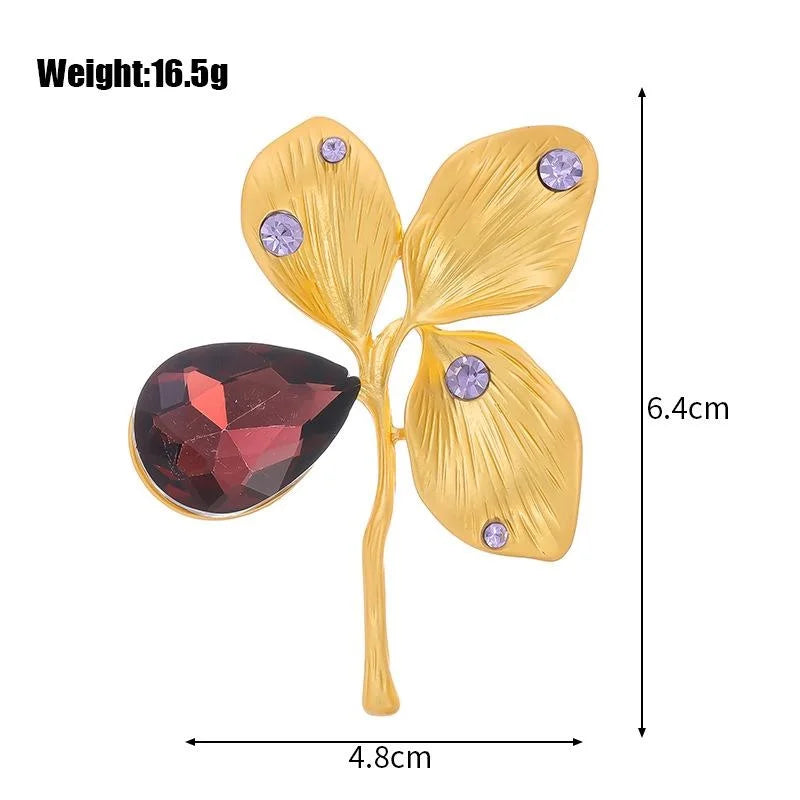 Vintage Four Leaf Clover Brooch With Purple Rhinestones And Red Crystal, Elegant Alloy Lapel Pin Gift