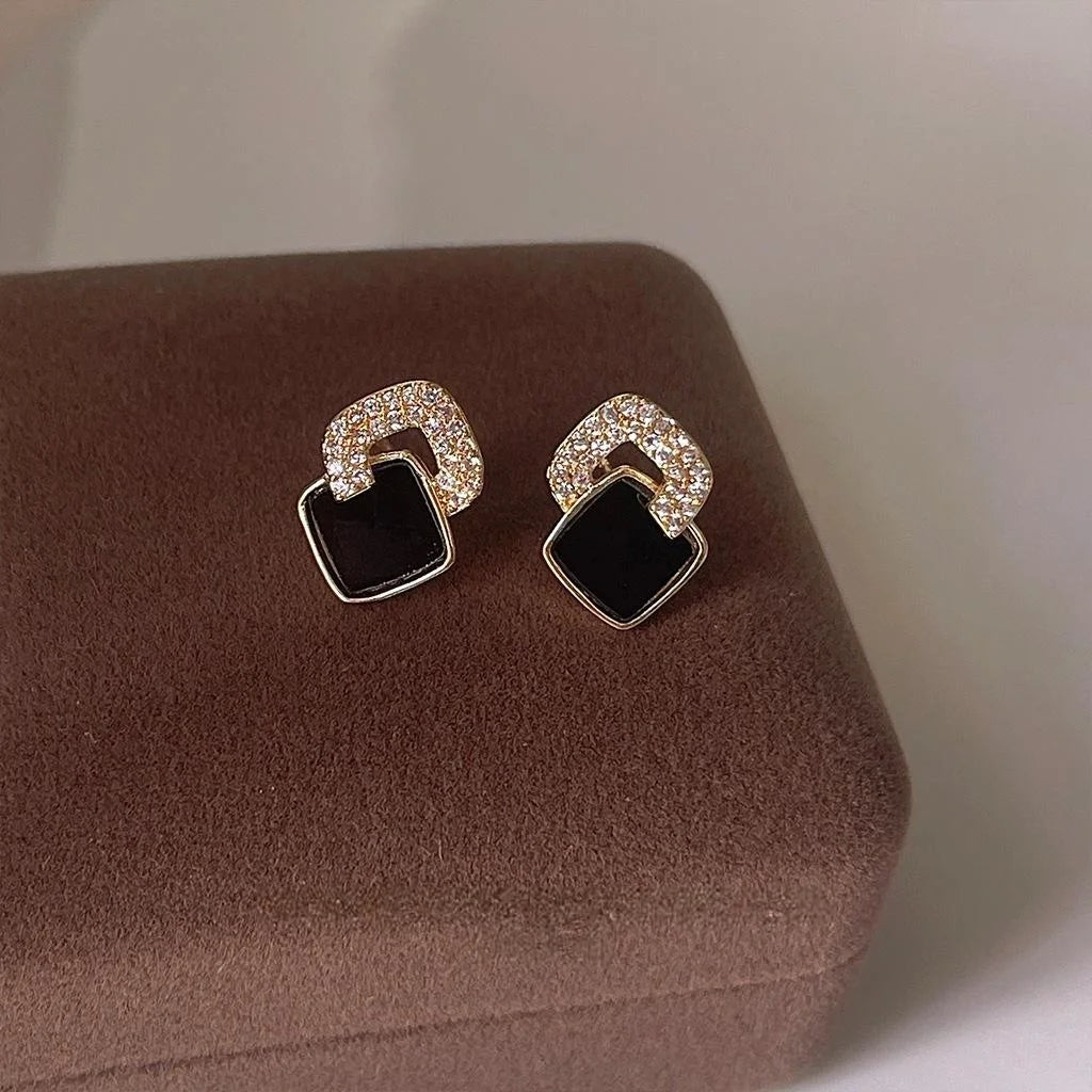 Light Luxury Black Geometric Zircon Stud Earrings Copper Rhombus Minimalist