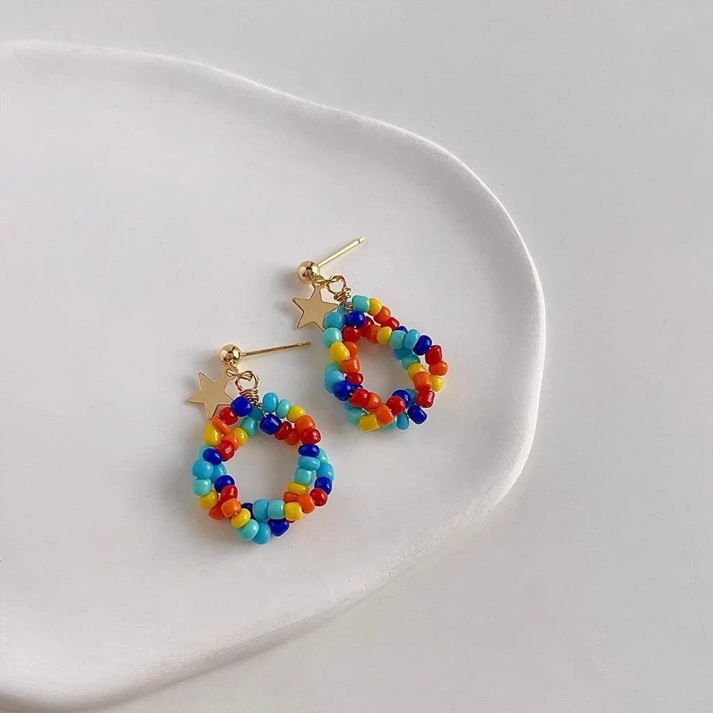 Handmade Colorful Seed Bead Tassel Drop Earrings Ethnic Geometric Vacation Jewelry