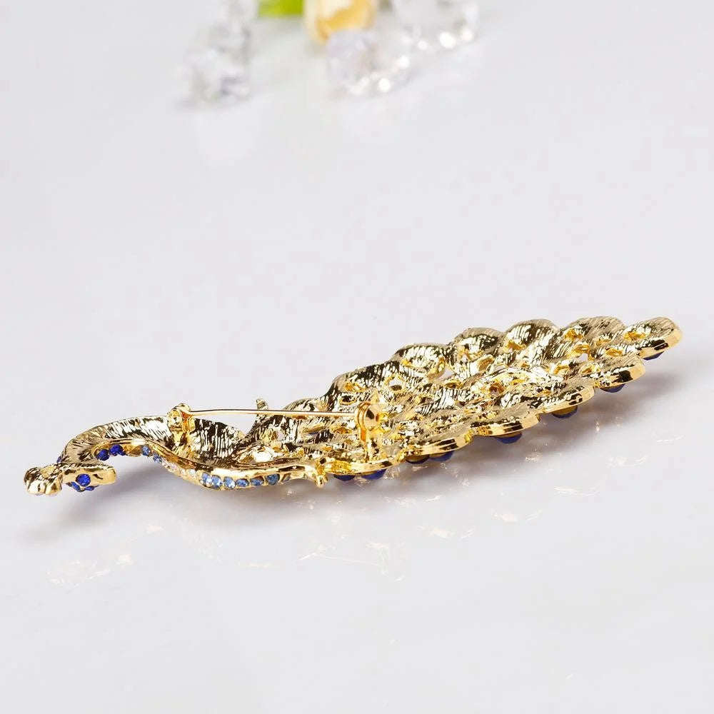 Oversized Royal Blue Rhinestone Peacock Brooch, Luxury Alloy Crystal Lapel Pin Corsage Suit Accessory Gift