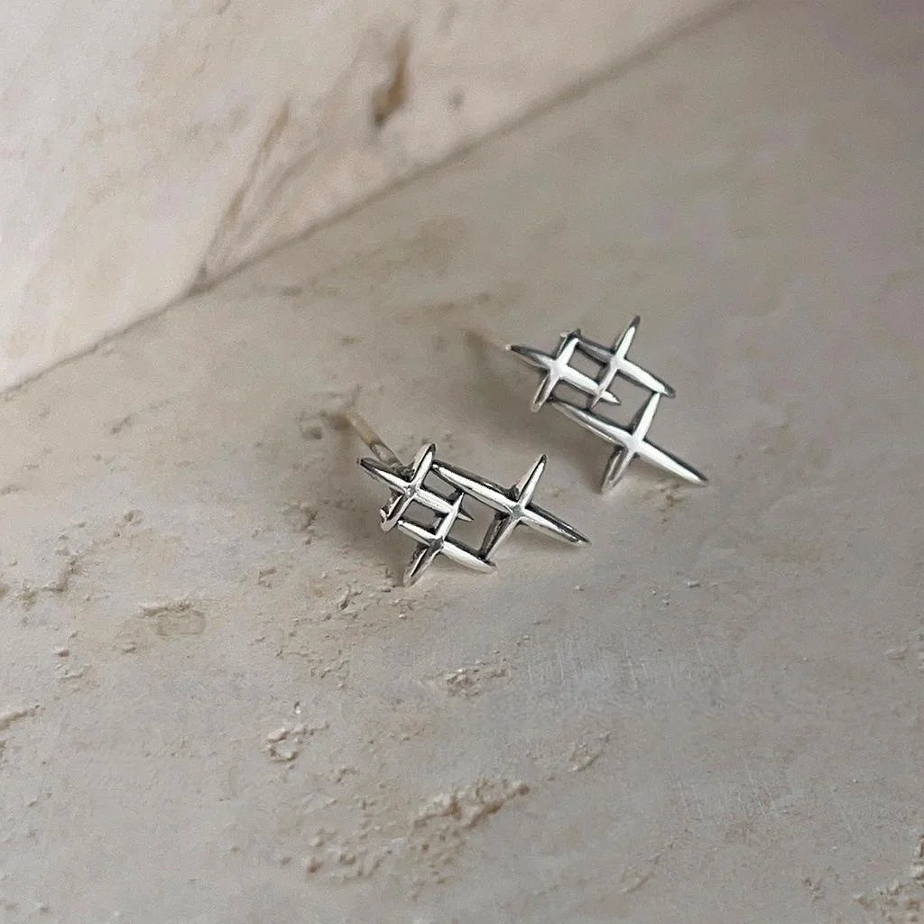 Minimalist Silver Star Stud Earrings Copper Mini Geometric Distressed Cool Style Jewelry