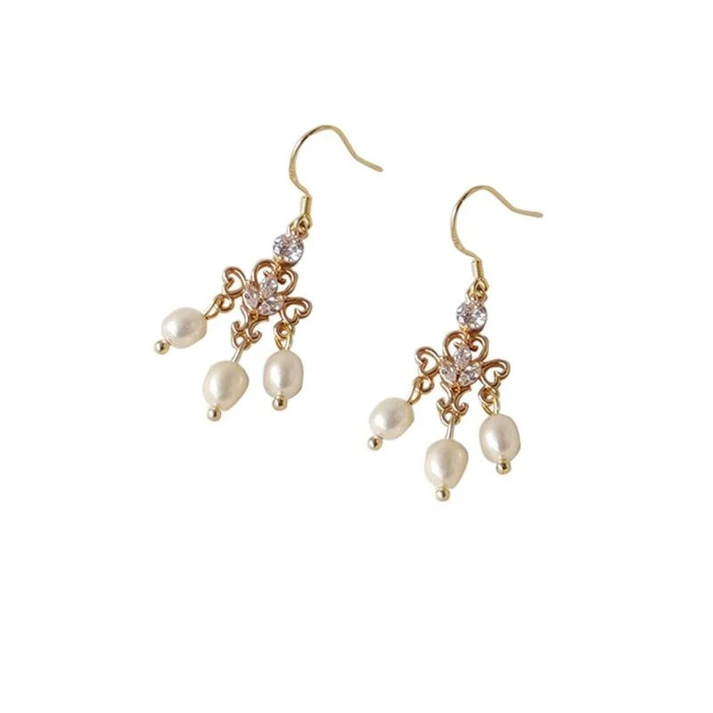 Vintage Palace Style Freshwater Pearl Drop Earrings 14K Gold Plated Copper Geometric Handmade Jewelry