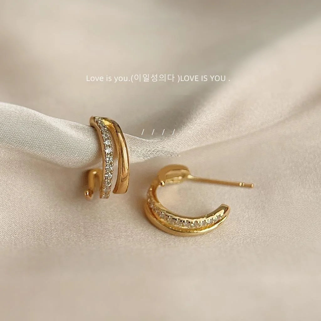 Light Luxury Copper Micro Pave Zircon Double Layer C-Shaped Hoop Earrings For Women