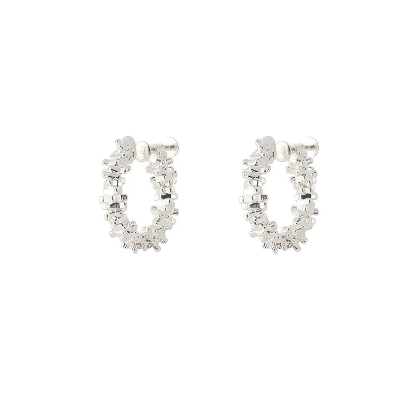 Elegant Silver Alloy Sparkle Textured Hoop Stud & Clip On No Piercing Daily Minimalist Earrings