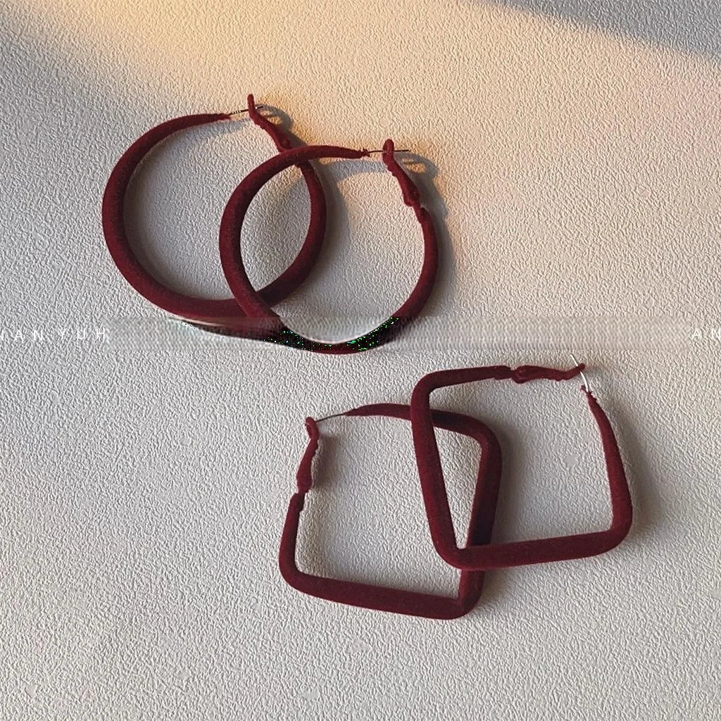 Christmas Burgundy Flocked Geometric Hollow Large Hoop Drop Earrings French Vintage Style