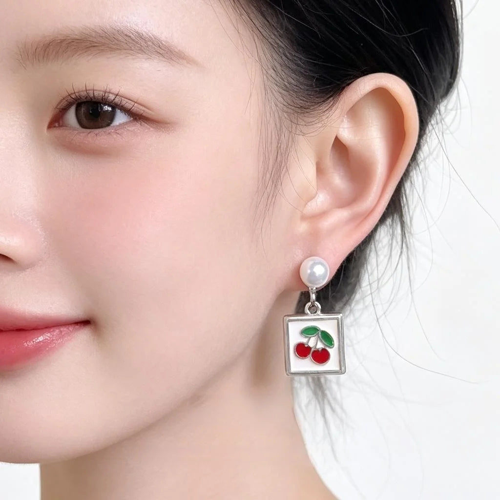 Cute Cherry Enamel Copper Drop Earrings Fresh Sweet Fruit Jewelry For Women