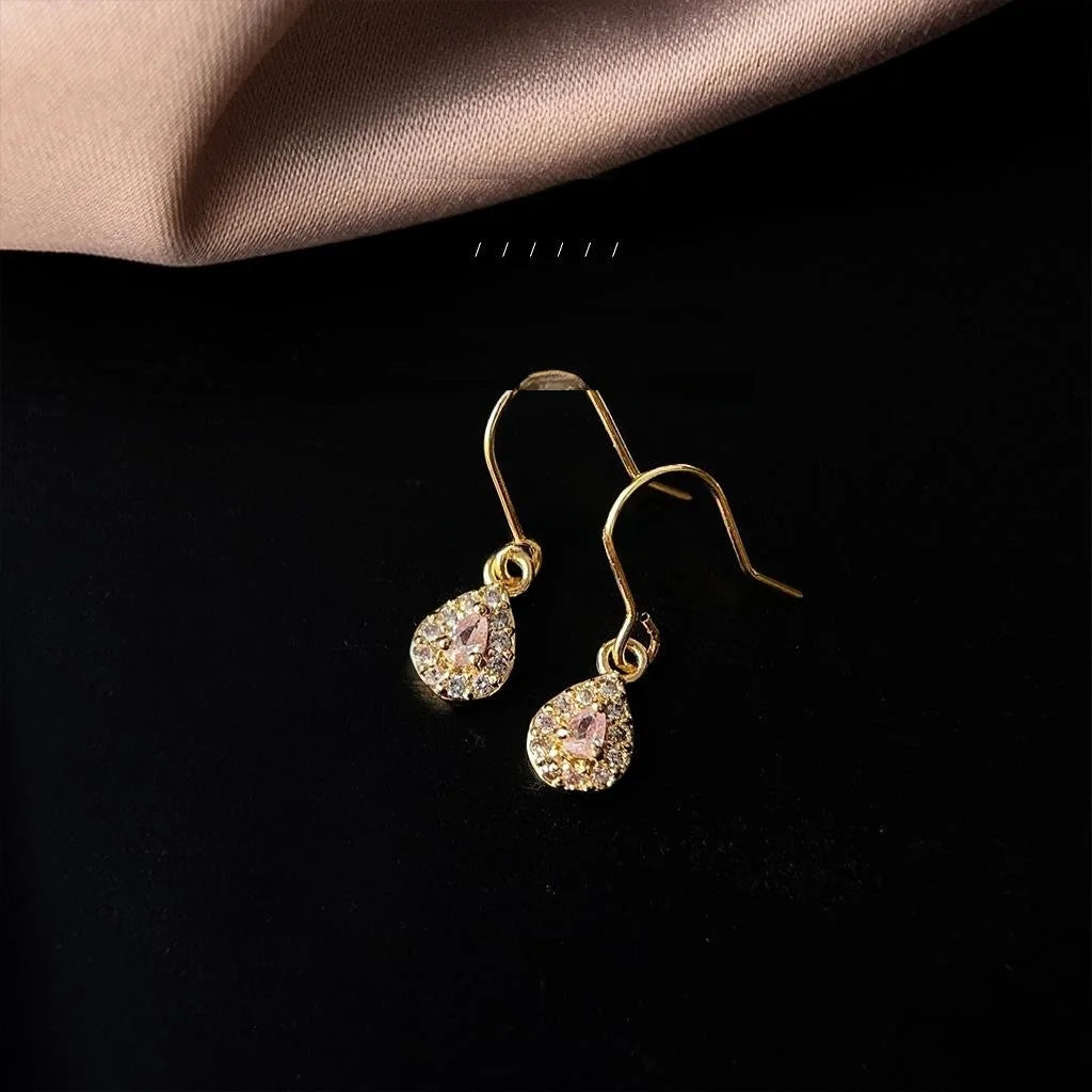 French Luxury Teardrop Micro-Pave Zircon Copper Drop Earrings For Vintage Commuter Style