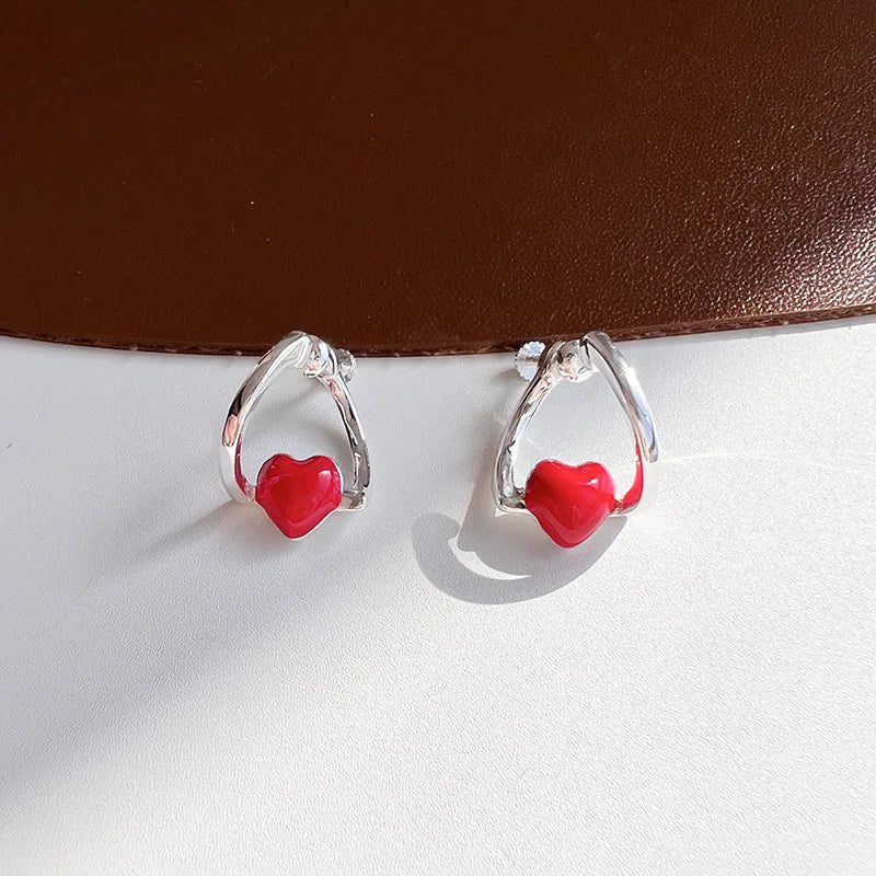 Elegant Red Enamel Heart Hoop Stud & Clip On No Piercing Silver Alloy Screw Back Women's Earrings
