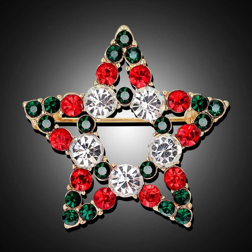 Elegant Christmas Star Rhinestone Alloy Brooch With Red Green Crystals, Festive Lapel Pin Corsage Gift