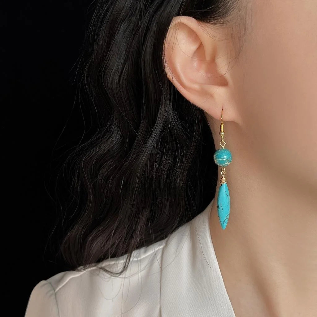 Handmade Vintage Ethnic Synthetic Turquoise Imperial Stone Teardrop Drop Earrings