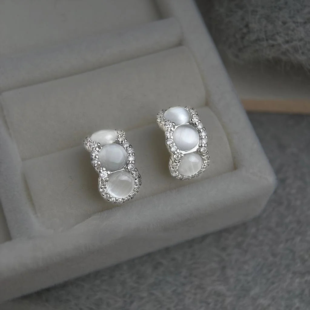 Elegant Glass Cat Eye Stone Half Hoop Zircon Drop Earrings For Commuter Jewelry