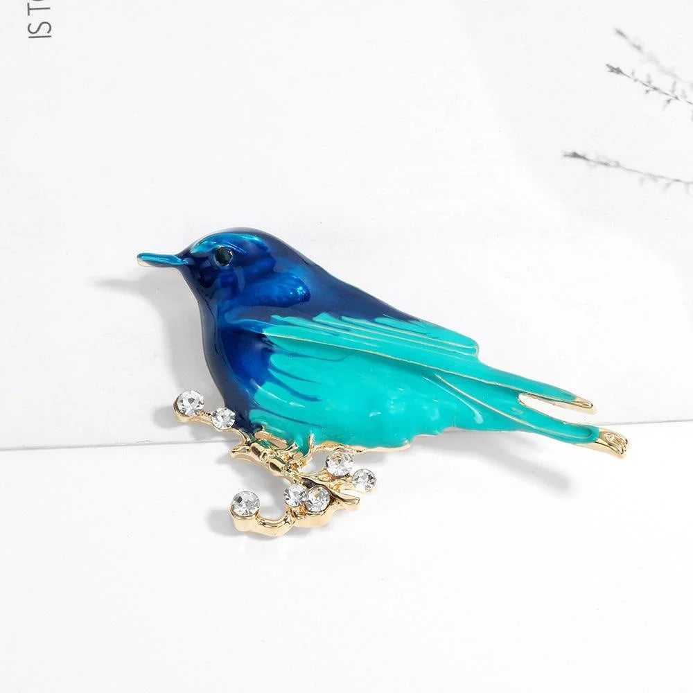 Elegant Blue Enamel Bird Alloy Brooch With Rhinestone Branch, Fashion Lapel Pin Corsage Suit Accessory Gift