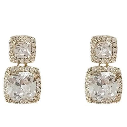 14K Plated Copper Zircon Geometric Square Stud Earrings Korean Minimalist Sparkly Jewelry