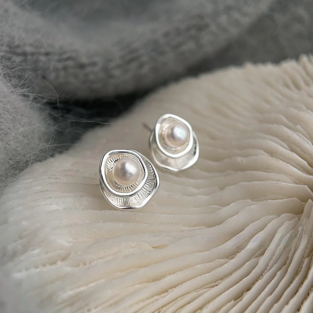 14K Plated Copper Freshwater Pearl Geometric Stud Earrings Artistic Designer Style