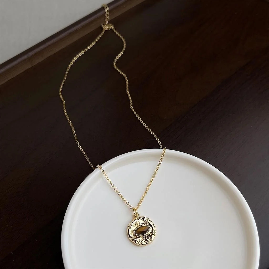 18K Gold Plated Tiger Eye Stone Geometric Eye Pendant Collarbone Necklace