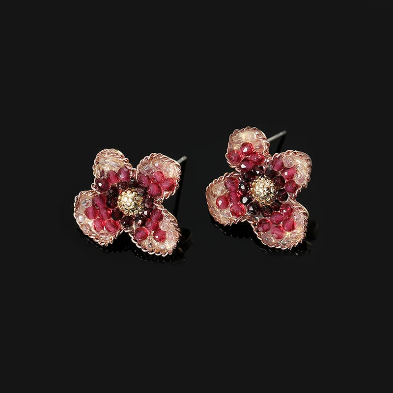 Elegant Crystal Rhinestone Flower Stud & Clip On No Piercing Options For Women Luxury Floral Earrings