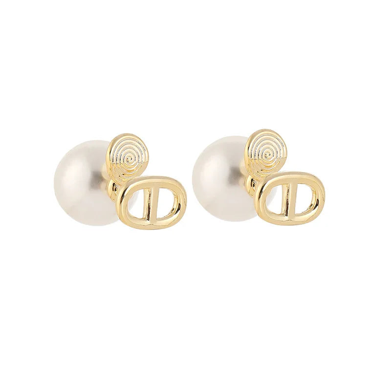 Elegant Gold Alloy Spiral Disc Letter Charm Large Pearl Stud & Clip On No Piercing Earrings