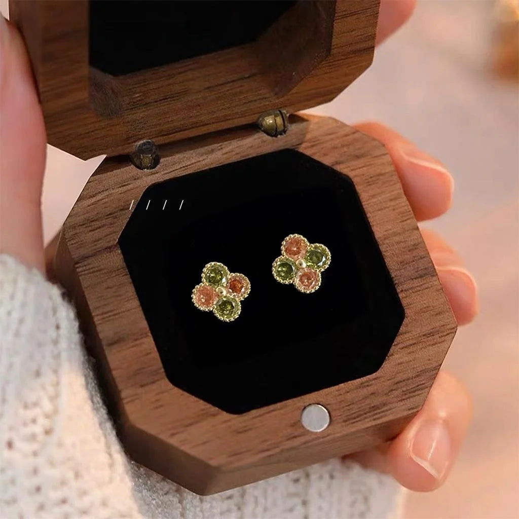 Mini 14K Gold Plated Copper Micro Pave Zircon Geometric Flower Stud Earrings For Women