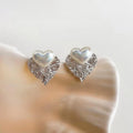 Two Way Minimalist Heart Stud Earrings Silver Plated Copper Micro Pave Zircon Pearl Jewelry