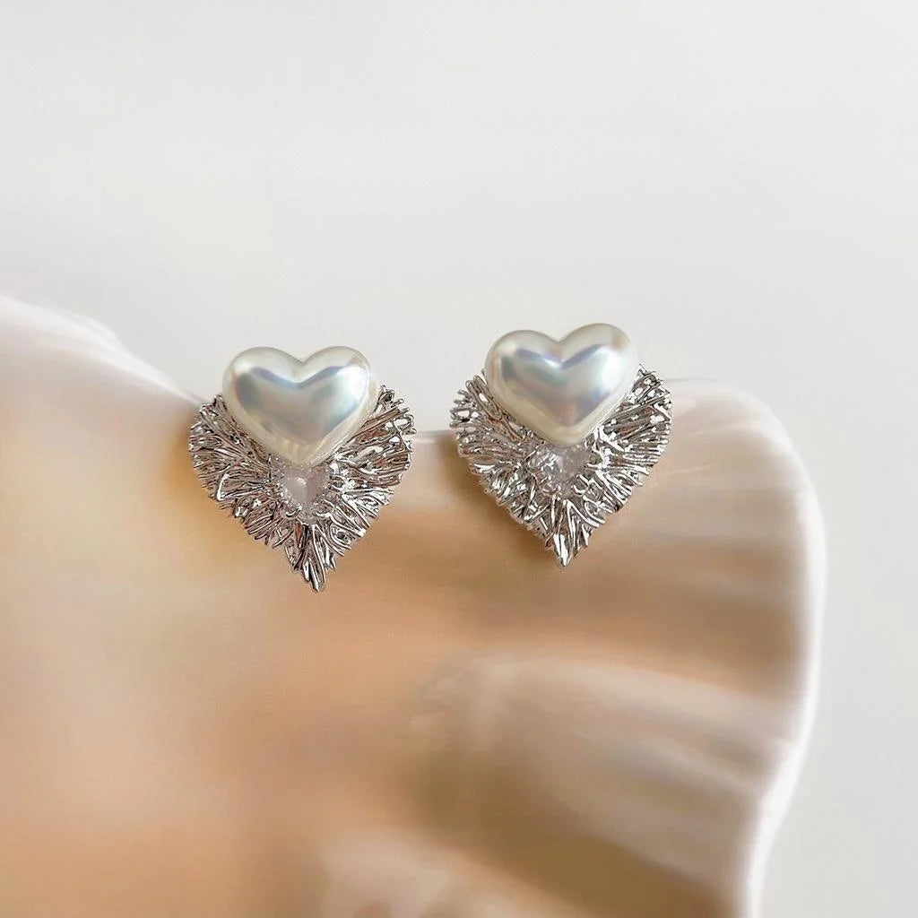 Two Way Minimalist Heart Stud Earrings Silver Plated Copper Micro Pave Zircon Pearl Jewelry