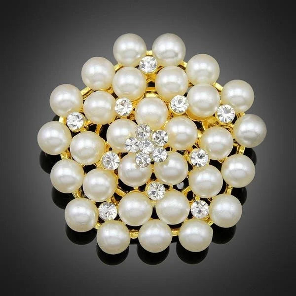 Elegant Multi Pearl Rhinestone Flower Brooch, Gold Tone Alloy Lapel Pin Corsage Suit Accessory Gift