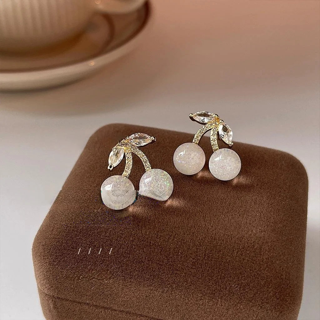 Sweet Cherry Zircon Micro Pave Copper Stud Earrings Cute Fruit Design For Women