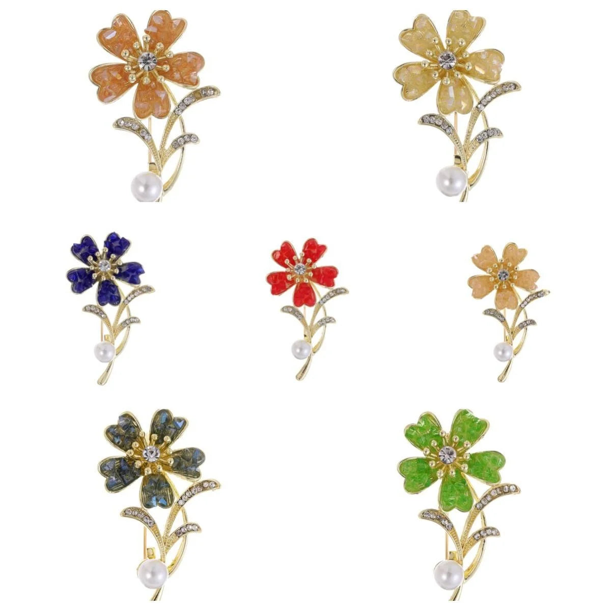 Elegant Enamel Flower Brooch With Rhinestone Leaves And Pearl, Gold Alloy Lapel Pin Corsage Suit Accessory