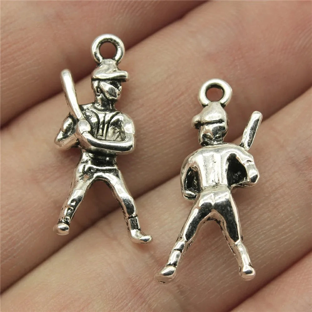 25x12mm 1.9g Antique Silver Zinc Alloy Baseball Player Charm Pendant for DIY Sports Jewelry Making