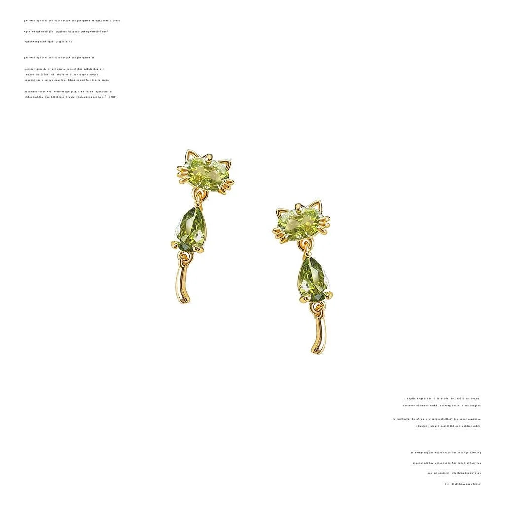 Olive Green Zircon Cat Drop Earrings Copper Cute Animal Design Fashion Jewelry For Women