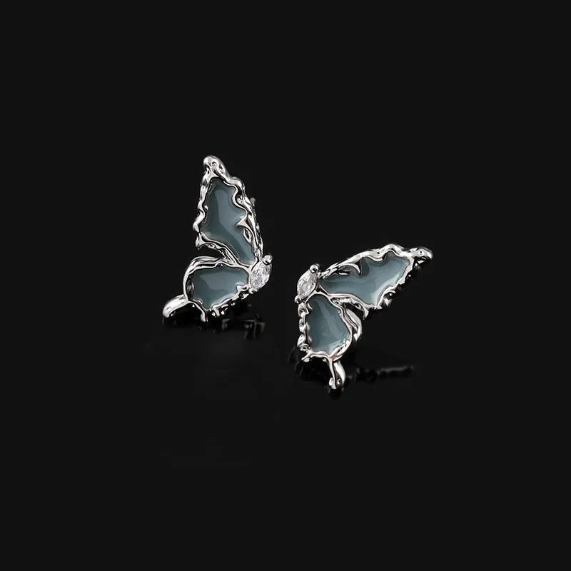 Elegant Blue Enamel Zircon Butterfly Wing Stud & Clip On No Piercing Women's Fashion Party Earrings