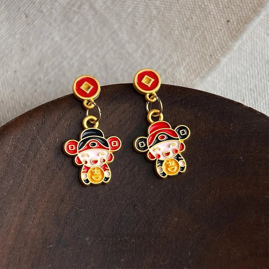 Asymmetric Hand Painted Enamel Copper God Of Wealth Doll Drop Earrings Chinese Ethnic Style