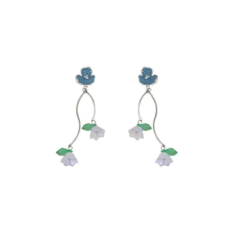Fresh Forest Style Lily Of The Valley Flower Tassel Stud Earrings Copper Handmade Glass Dangle Jewelry