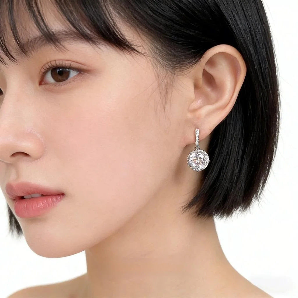 Sparkling Zircon Round Drop Earrings Eco Copper Silver Plated Light Luxury Geometric Jewelry
