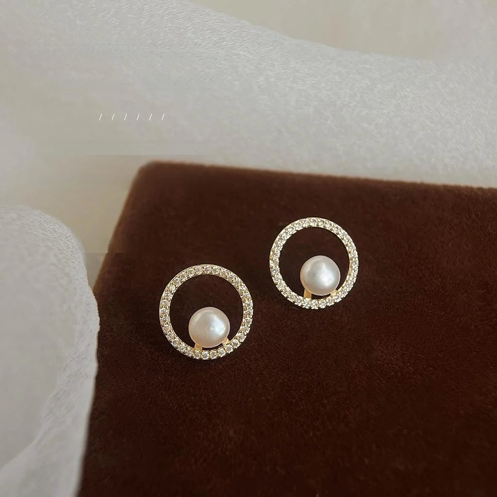 Freshwater Pearl Copper Stud Earrings Micro Pave Zircon Geometric Round Hollow Line Jewelry