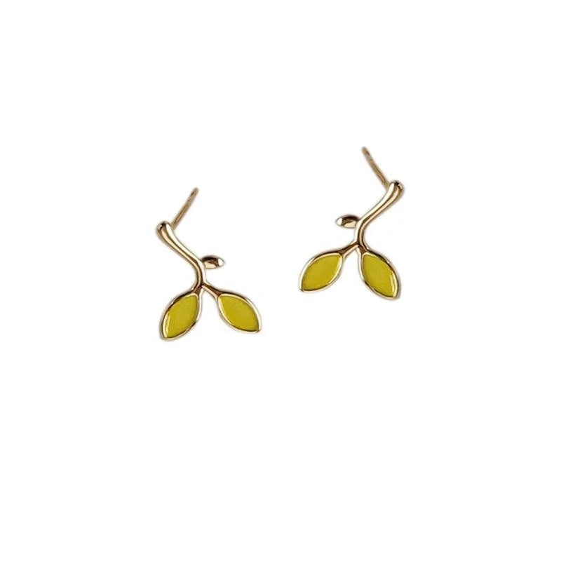 Fresh Green Mini Leaf Enamel Copper Stud Earrings Simple Branch Design Jewelry For Women