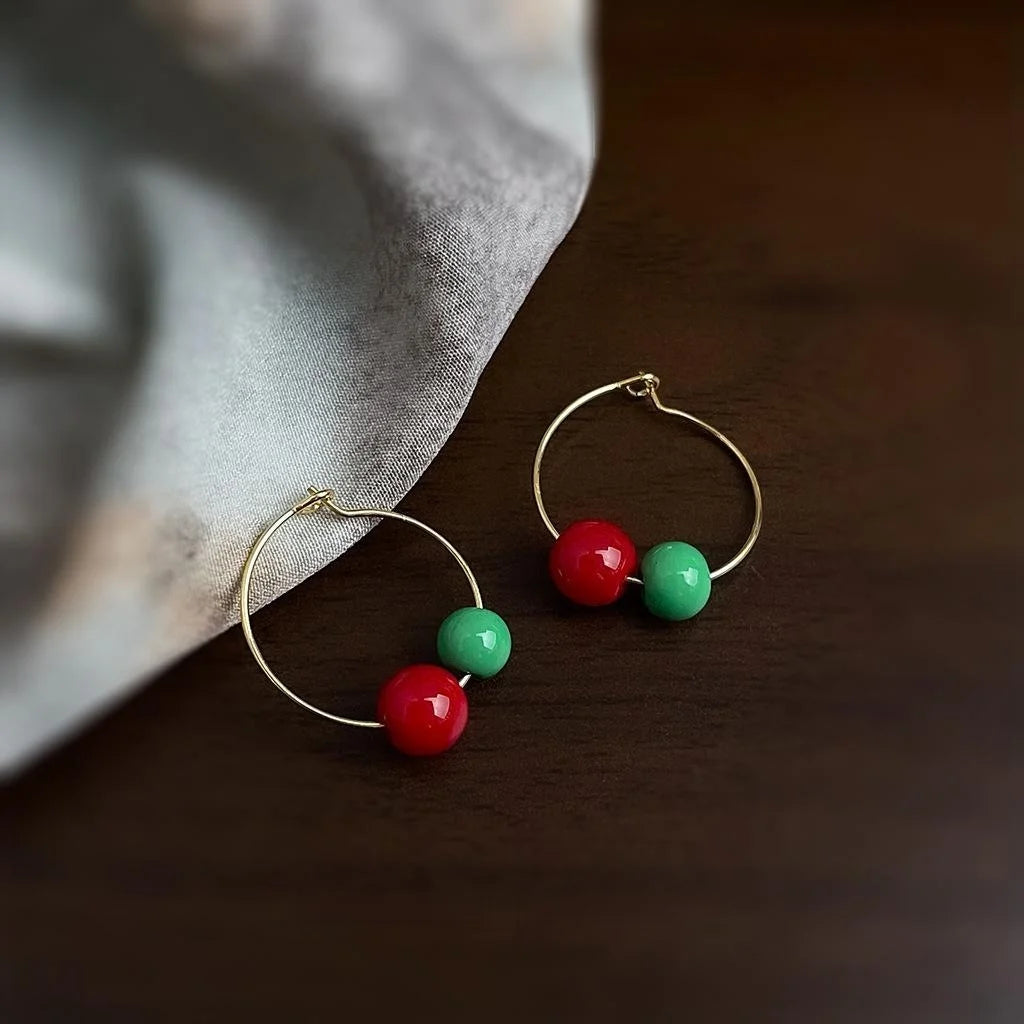 Ethnic Style Contrast Color Glass Round Geometric Hoop Drop Earrings for Women