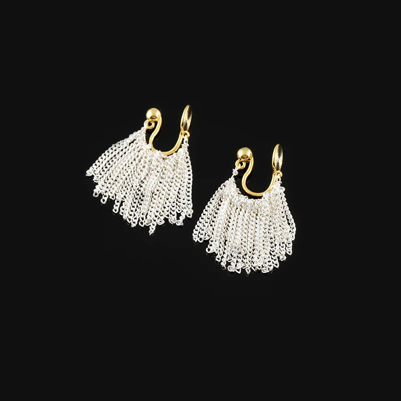 Elegant Alloy U Hoop Waterfall Silver Chain Tassel Fashion Stud & Clip On No Piercing Earrings