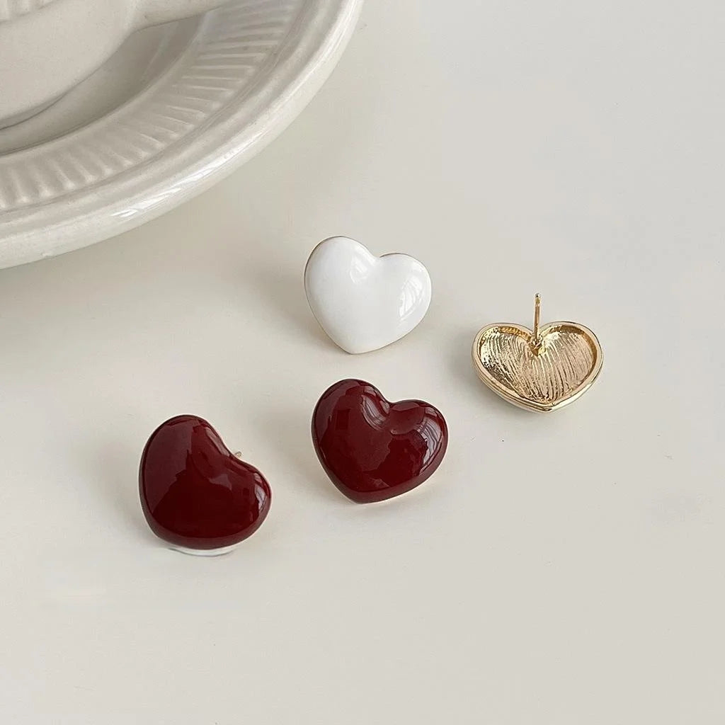 14K Plated Alloy Heart Stud Earrings Burgundy Enamel Milky White Korean Japanese Style