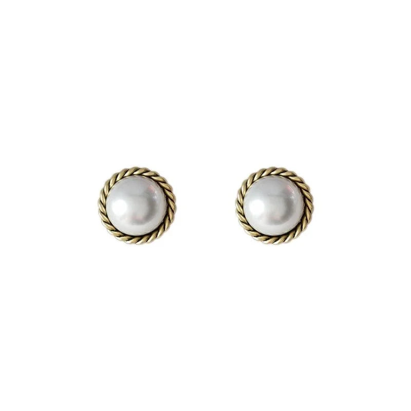 Vintage Hong Kong Style Silver Plated Copper Round Big Pearl Stud Earrings