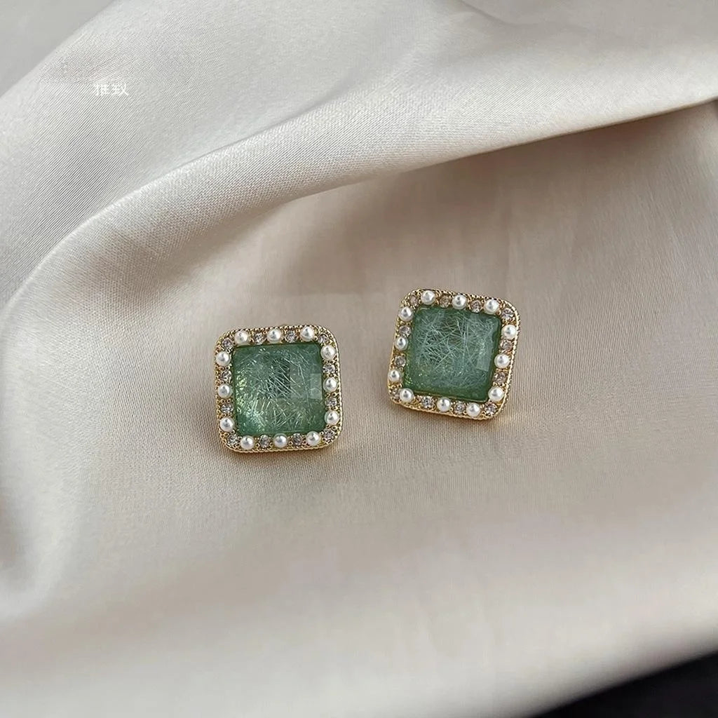 14K Plated Copper Geometric Starry Blue Pearl Zircon Stud Earrings For Women