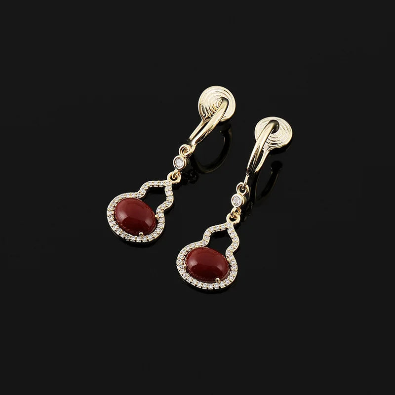 Vintage Red Gourd Zircon Drop Stud & Clip On No Piercing New Chinese Style Luxury Earrings