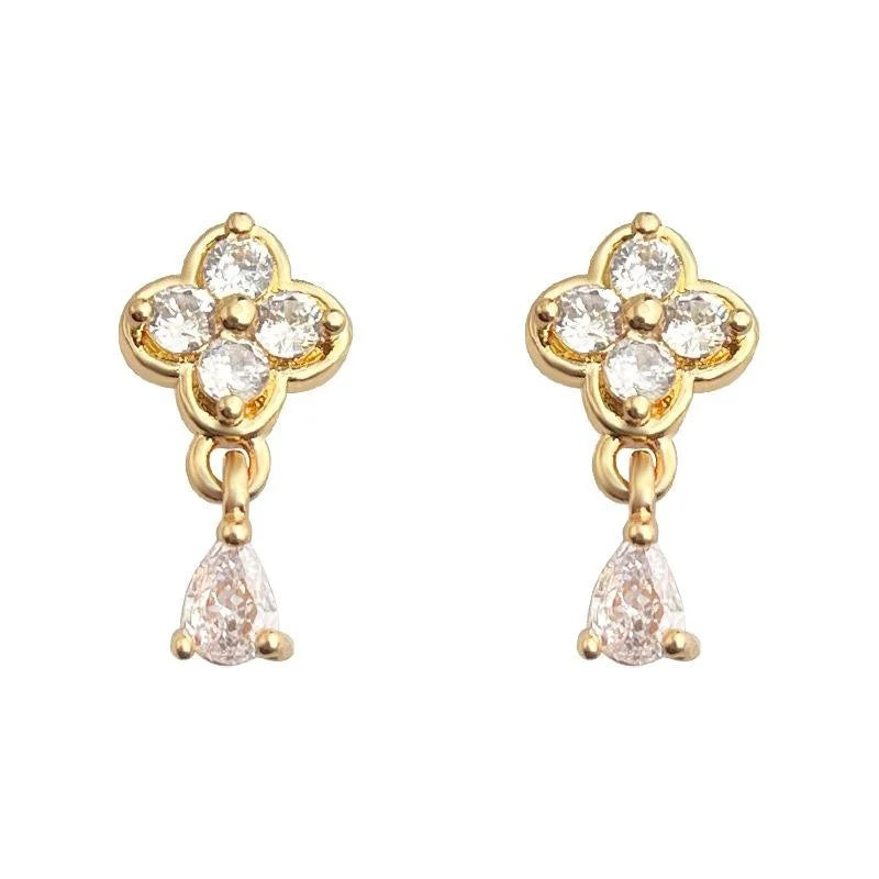 Mini 14K Plated Zircon Flower Waterdrop Stud Earrings For Women, Simple Versatile Jewelry