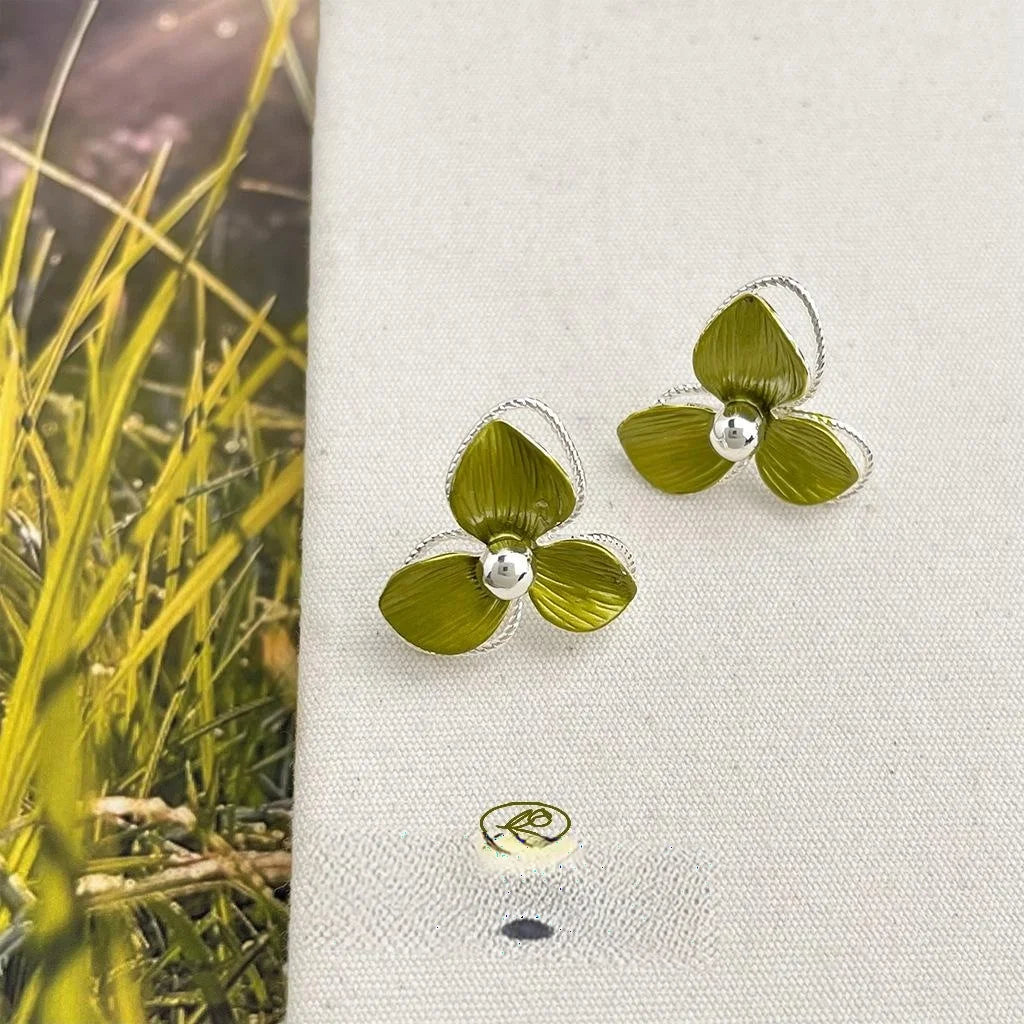 Fresh Green Flower Stud Earrings Silver Plated Copper Leaf Floral Elegant Jewelry