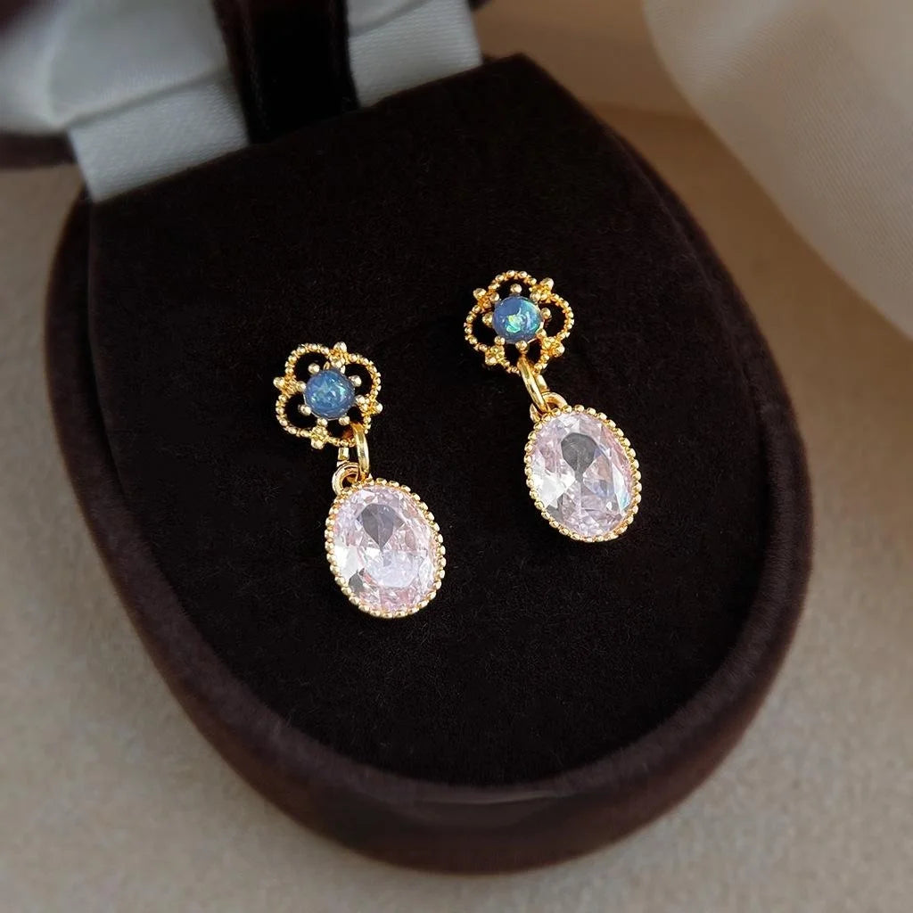 Light Luxury Copper Inlaid Zircon Resin Oval Geometric Floral Drop Earrings For Women
