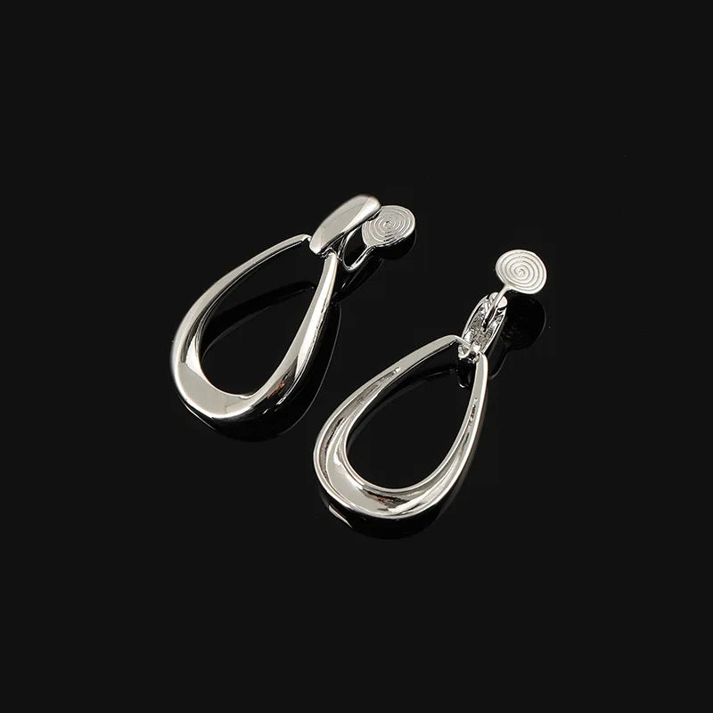 Elegant Minimalist Silver Alloy Teardrop Hoop Stud & Clip On No Piercing Geometric Drop Earrings